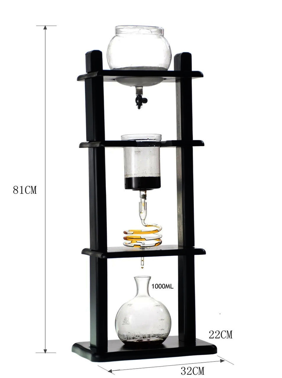 Заварник Cold Brew 1000ml, чорний, скло і дерево, для холодного заварювання кави