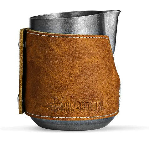 Питчер Silver 450 мл без ручки, кожаный чехол, для латте-арт, MHW-3bomber Turbo