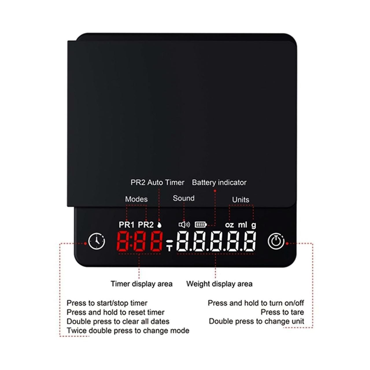 Веси Precision Espresso Scale КС200 для кави, 2 кг, точність 0,1 г, USB, чорний матовий