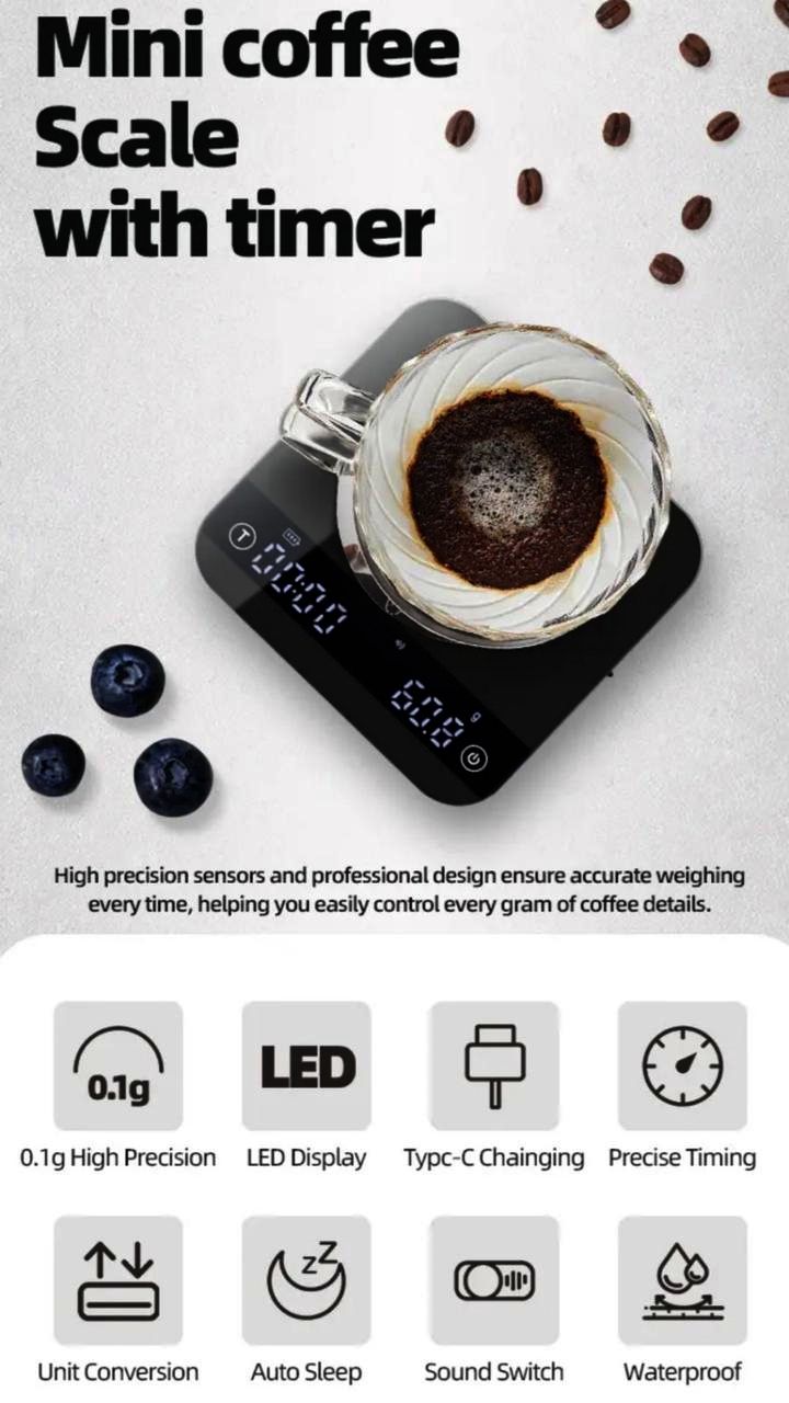 Веси Smart Scale K110 для кави, точність 0.1 г, LED дисплей, USB зарядка, чорний матовий