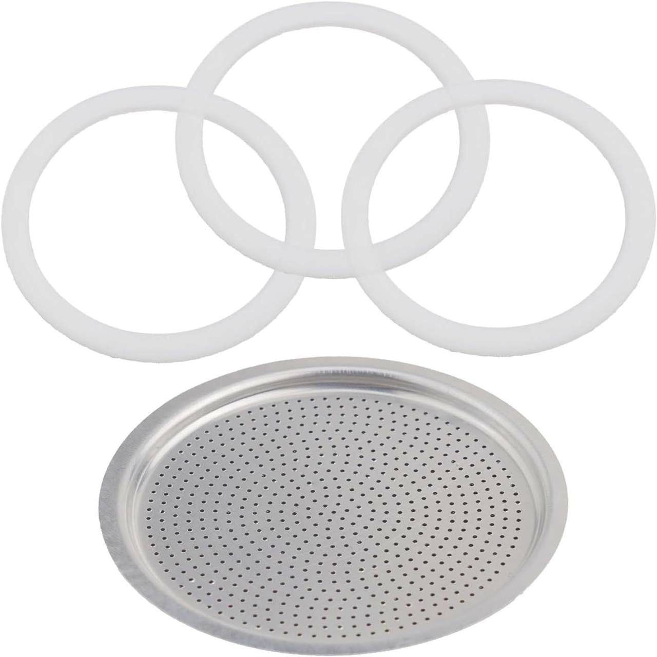 Комплект уплотнителей и фильтра для гейзерной кофеварки 9 cup, 3 резинки + сито