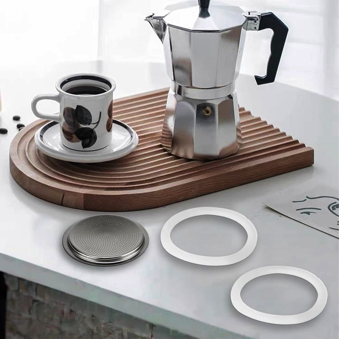 Комплект уплотнителей и фильтра для гейзерной кофеварки 9 cup, 3 резинки + сито
