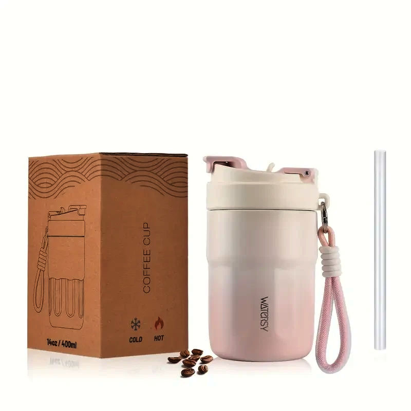 Термочашка WATERSY 400 мл, рожева, з подвійною вакуумною ізоляцією, металевою трубочкою, герметична
