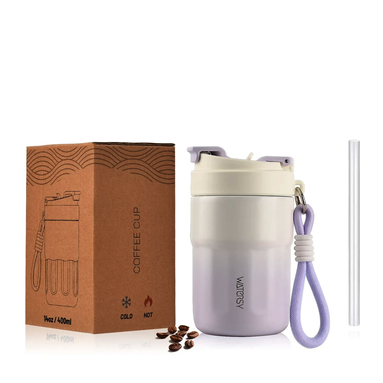 Термочашка WATERSY 400 мл, фіолетова, вакуумна, нержавіюча сталь, багаторазова трубочка