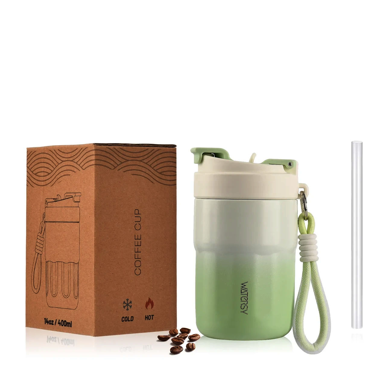 Термочашка WATERSY 400 мл, нержавіюча сталь, зелена, герметична, багаторазова трубочка
