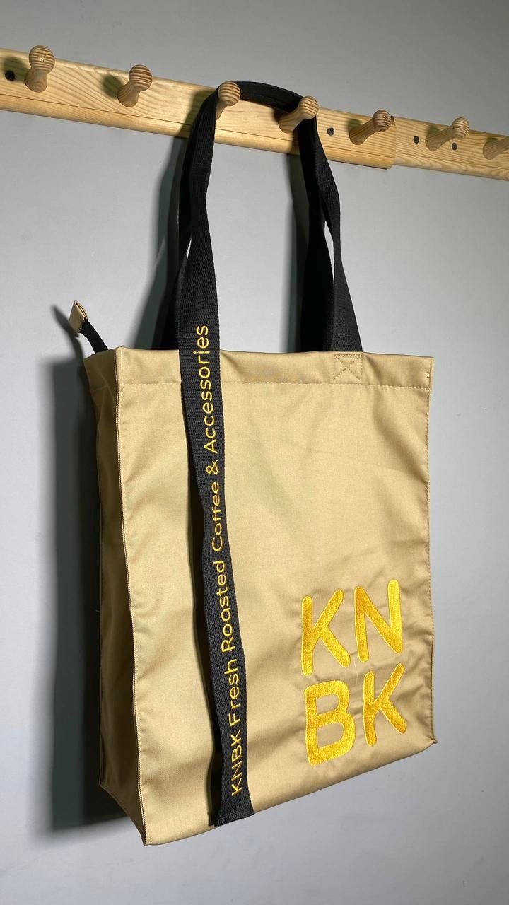 Сумка-шоппер KNBK Coffee Lifestyle 40x30 см, бежевий, чорний, жовтий, з вишивкою та жакардовими ручками
