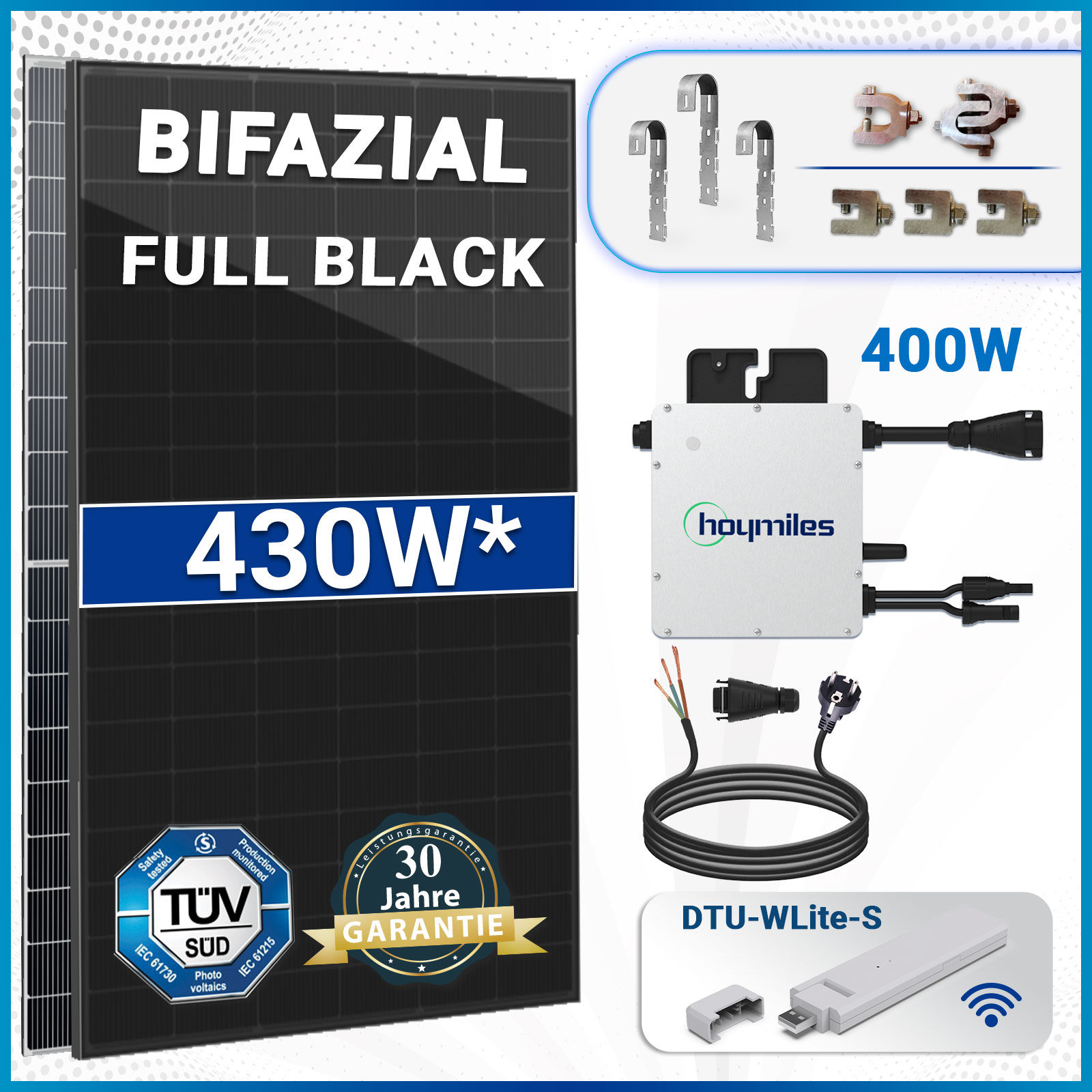 430W Bifazial Glas-Glas Full-Black Solarmodul mit HMS-400W-1T Wechselrichter  - SOLAR-HOOK etm GmbH