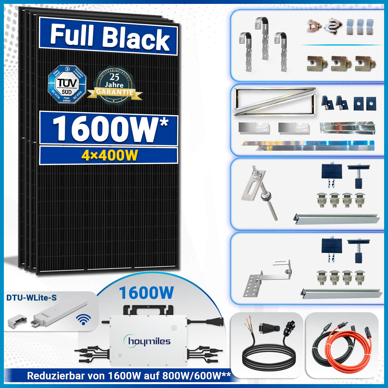 1600W/1600W Balkonkraftwerk- Mit 400W Solarmodule, Hoymiles Drosselbar HMS- 1600/800W/600W Wechselrichter - SOLAR-HOOK etm GmbH