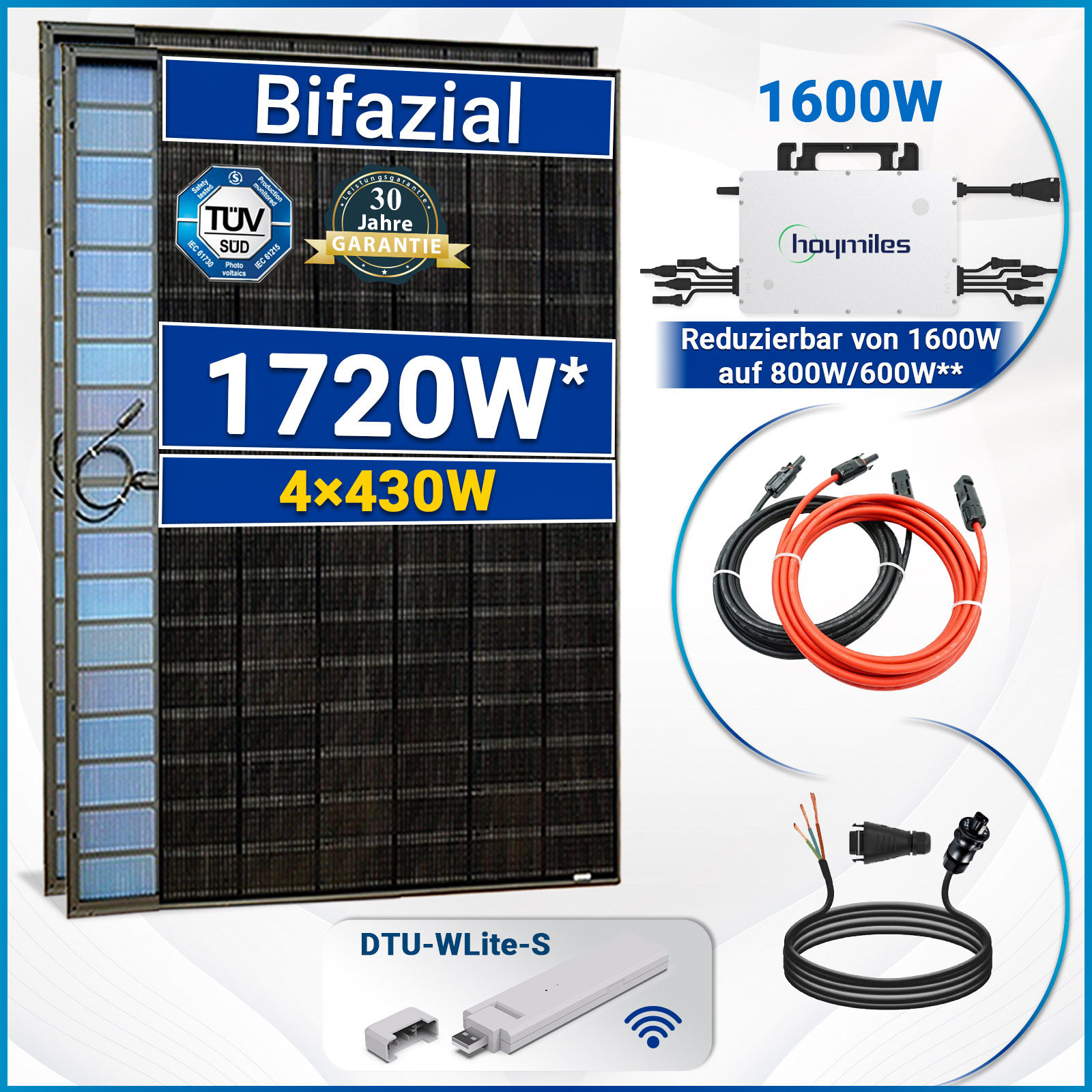 1720W/1600W Balkonkraftwerk(1200W Energieerzeugung)- Mit 430W bifaziale  Solarmodule, Hoymiles Drosselbar HMS-1600/800W/600W Wechselrichter -  SOLAR-HOOK etm GmbH