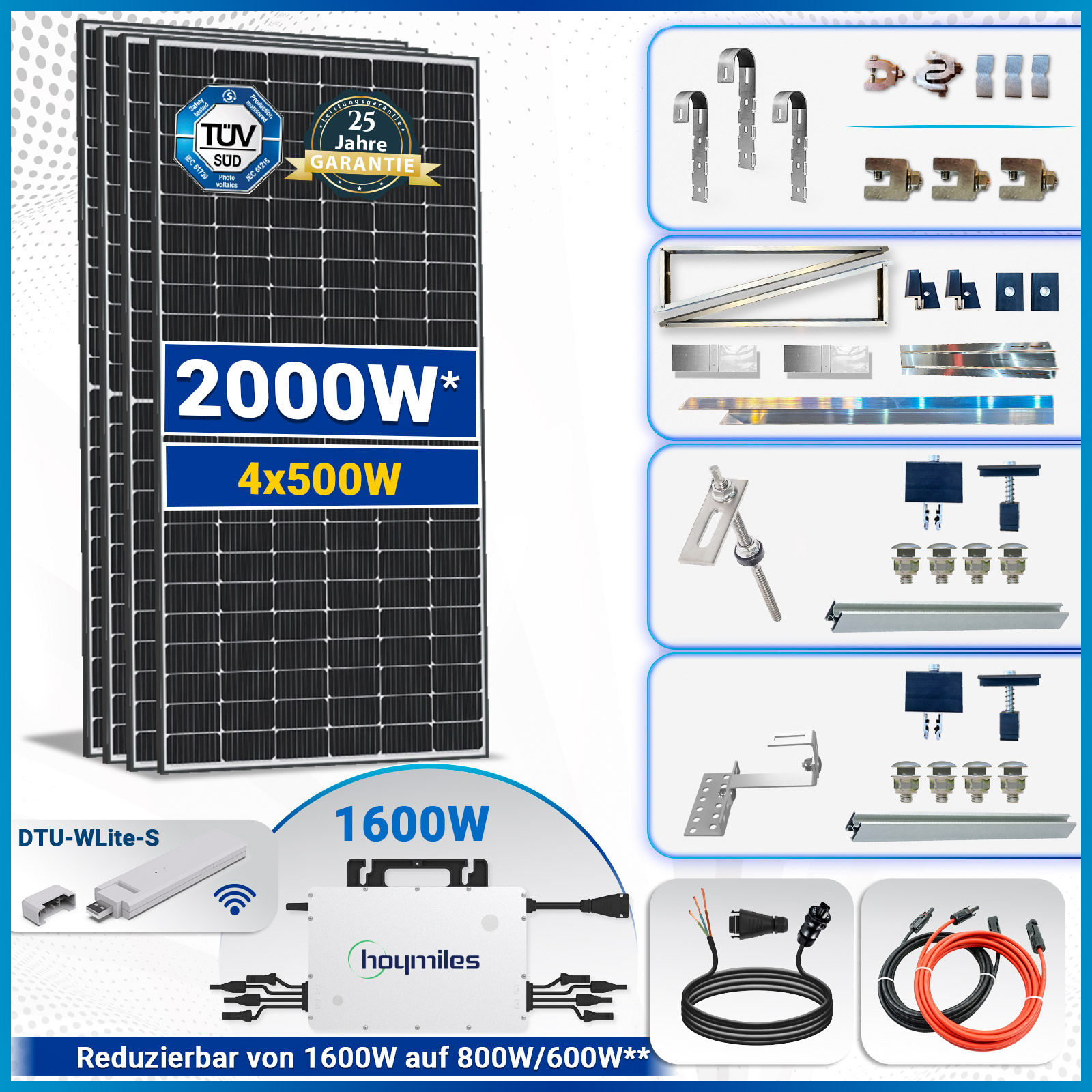 2000W/1600W Balkonkraftwerk- Mit 500W Solarmodule, Hoymiles Drosselbar HMS- 1600/800W/600W Wechselrichter - SOLAR-HOOK etm GmbH