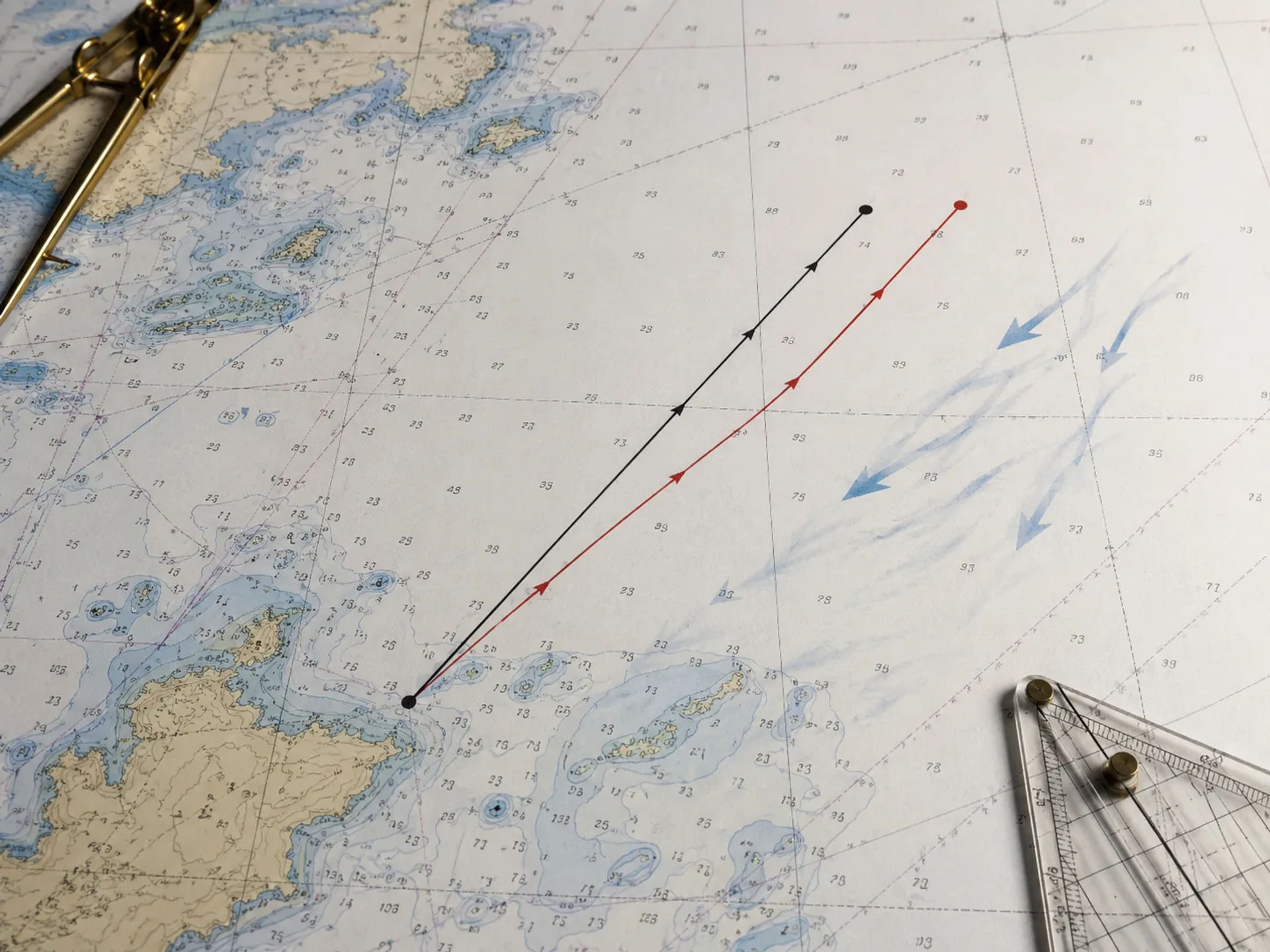 Nautical chart with hand-drawn course vectors and blue arrows showing current and leeway drift