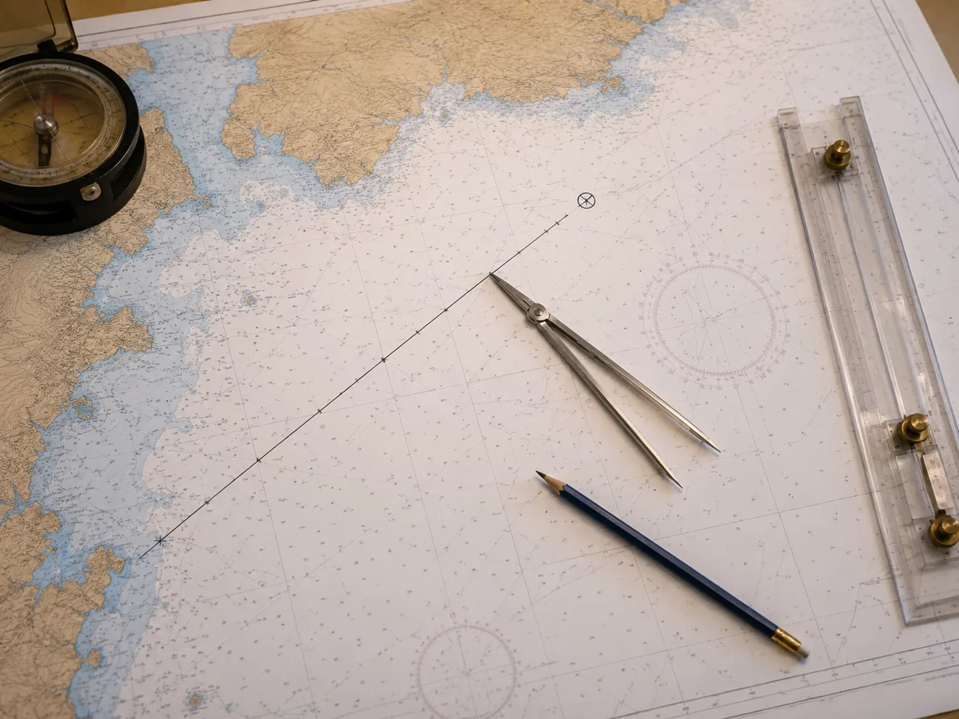 Nautical chart with compass, dividers, pencil and a plotted course line with position fix