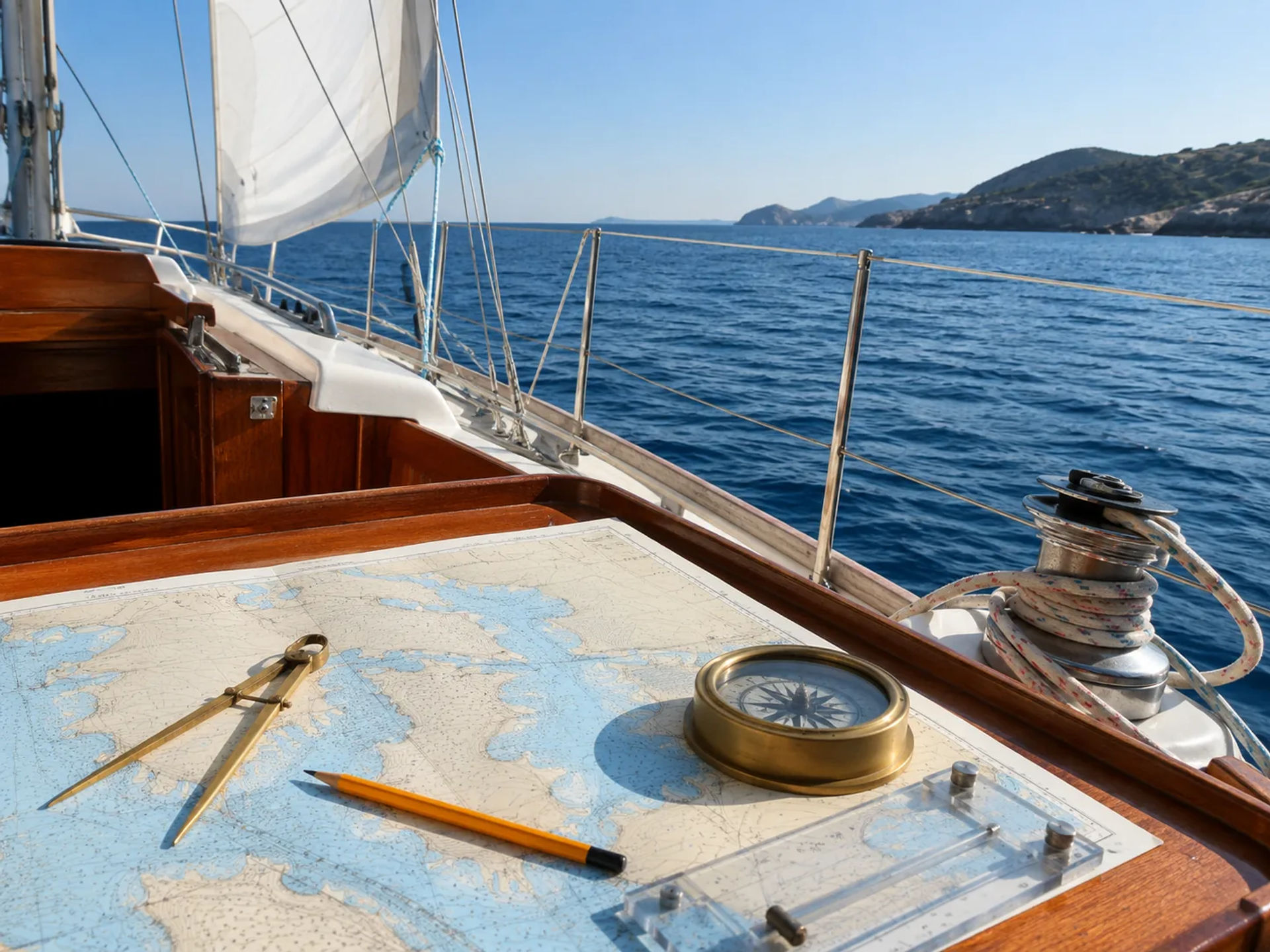 Wooden chart table on a sailboat with nautical chart, brass compass and dividers