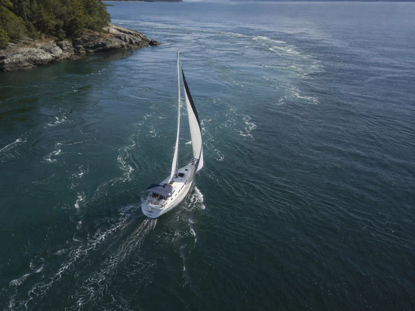 Sailboat sailing through turbulent tidal current near a rocky, forested coastline