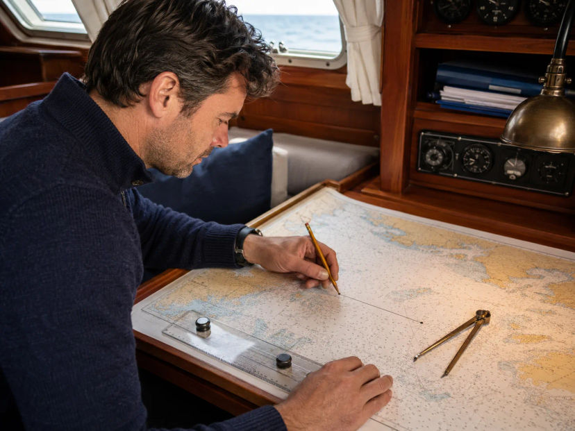 Sailor plotting a course on a nautical chart with pencil, parallel ruler and dividers