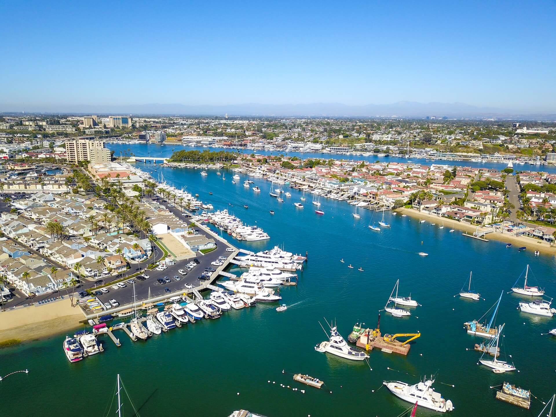 Drone photo of the harbor in Marina del Rey, showing boats and waterfront.