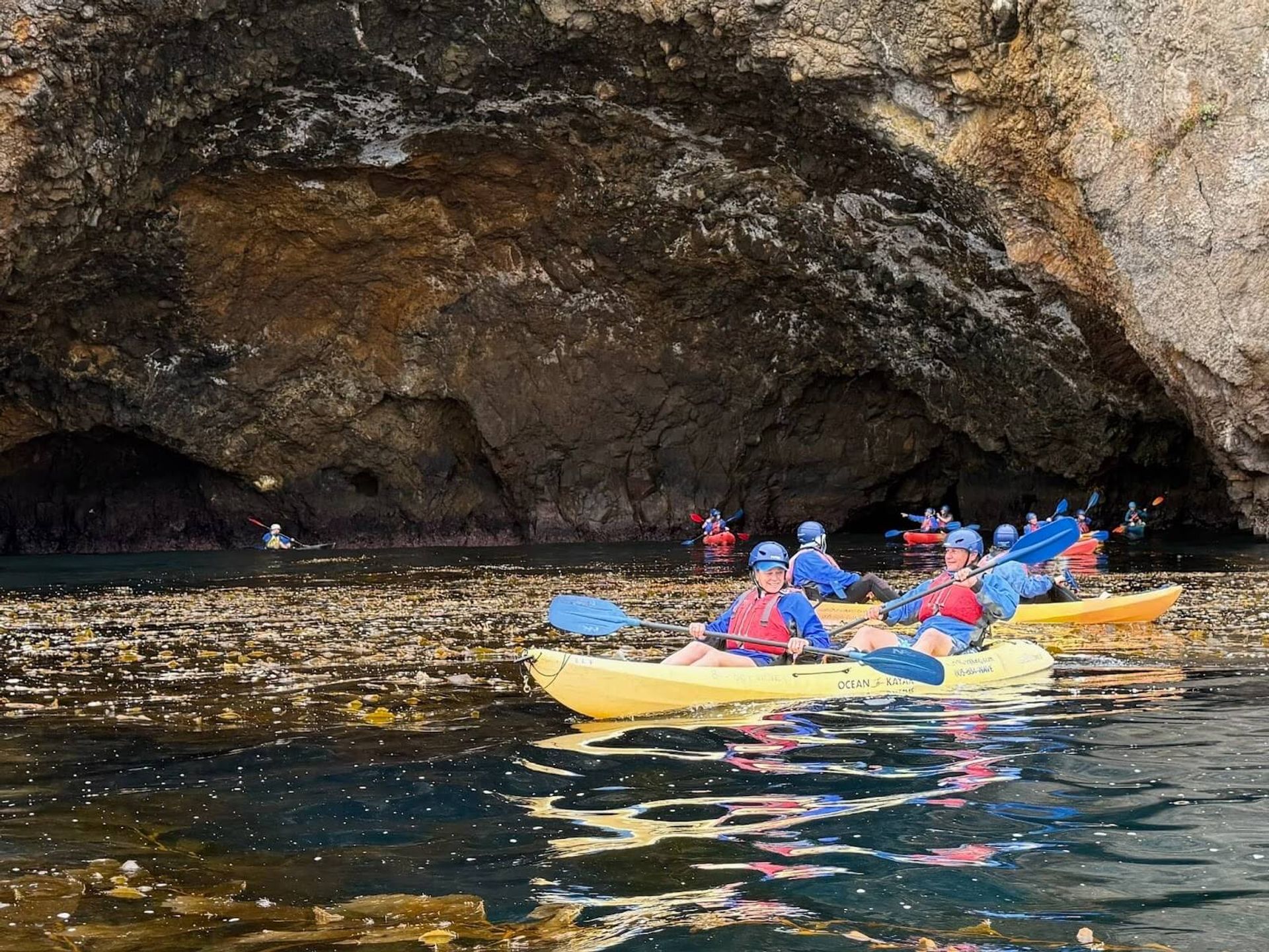 Aerial drone view of a boat anchored in a bay close to seaweed during the flotilla.