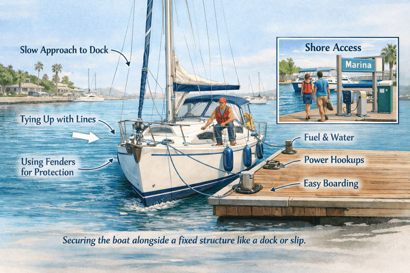 Sailboat docked at a marina slip secured with dock lines. Sailboat docked at a marina slip secured with dock lines.