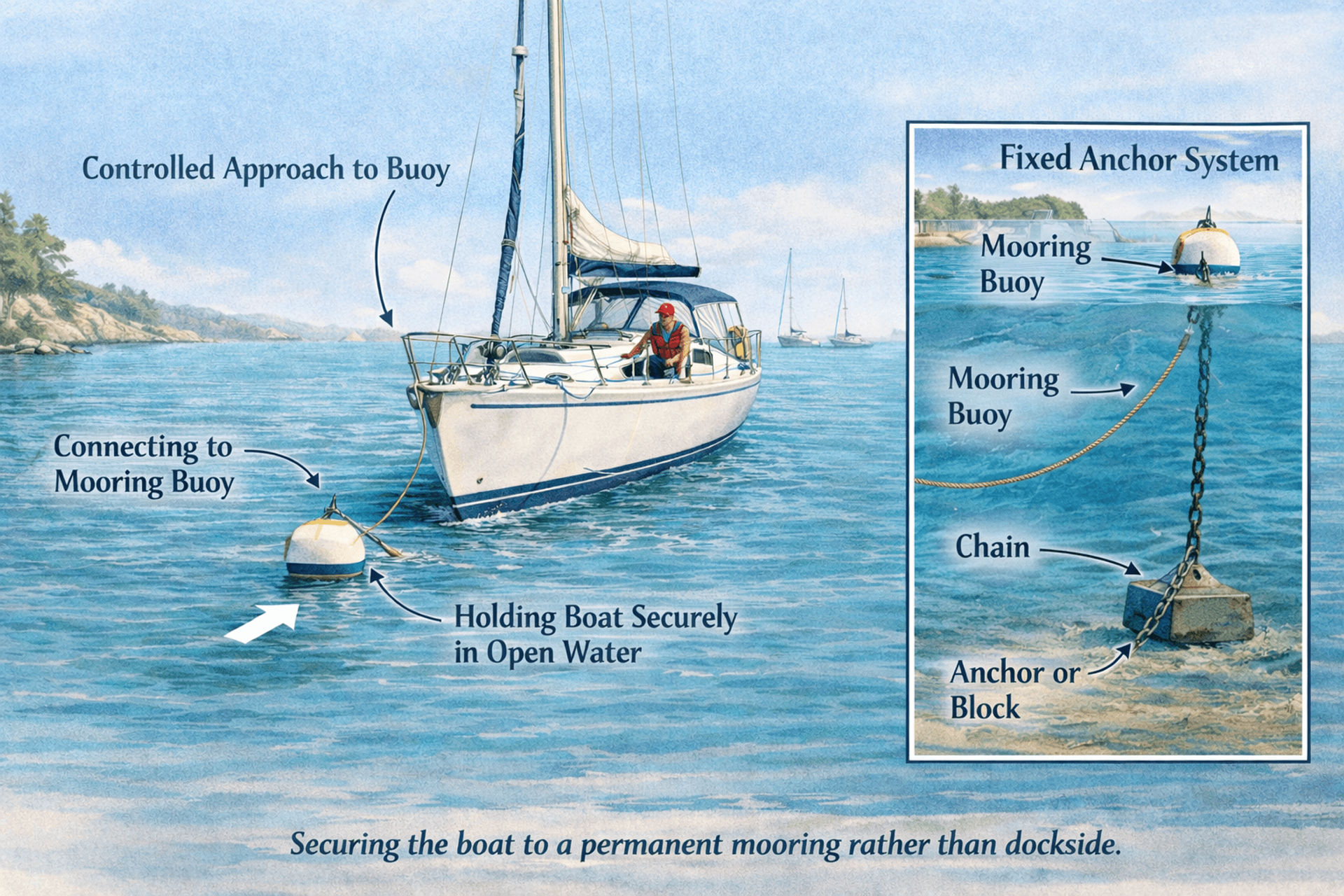 Sailboat secured to a mooring buoy in open water.
