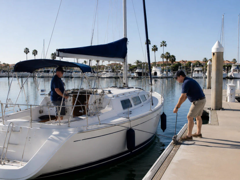 Crew member on the dock securing a line as the sailboat arrives