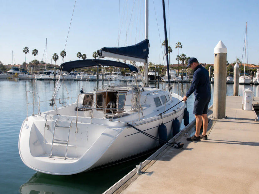 Sailboat moored alongside a concrete dock with blue fenders and lines