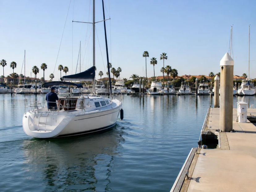 White sailboat with blue sail cover passing a concrete pier