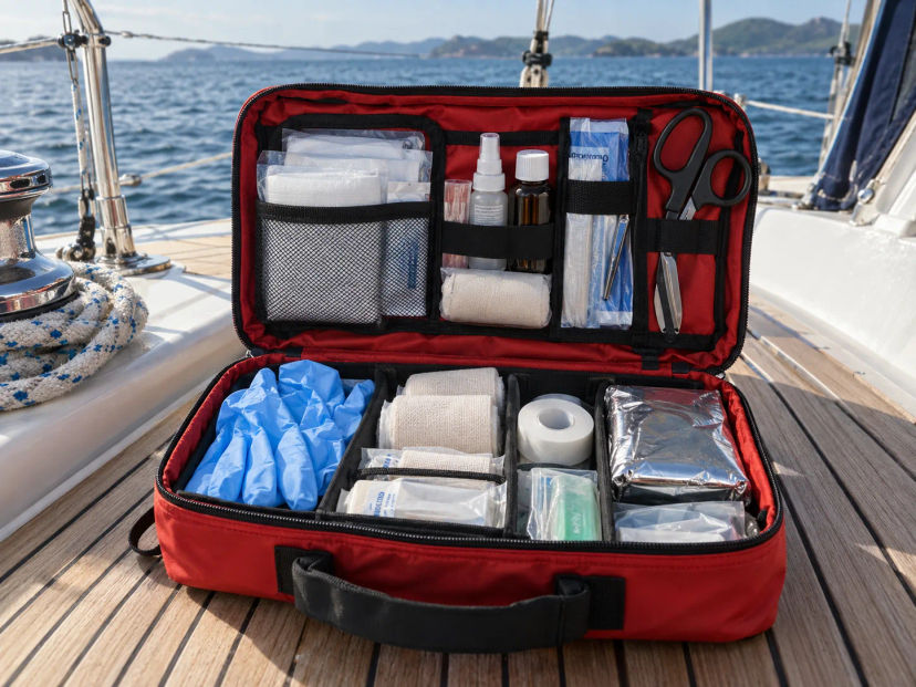 Open marine first aid kit stocked with medical supplies