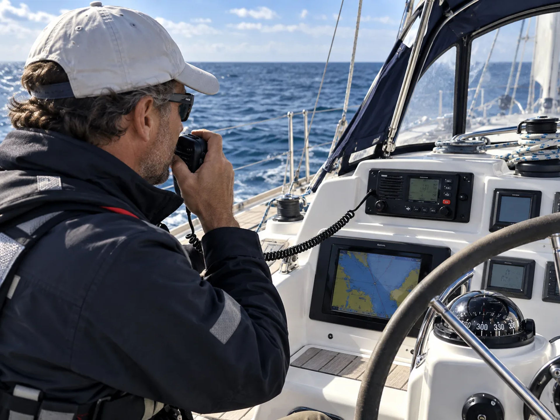 Sailor calling for help on a VHF marine radio at the helm