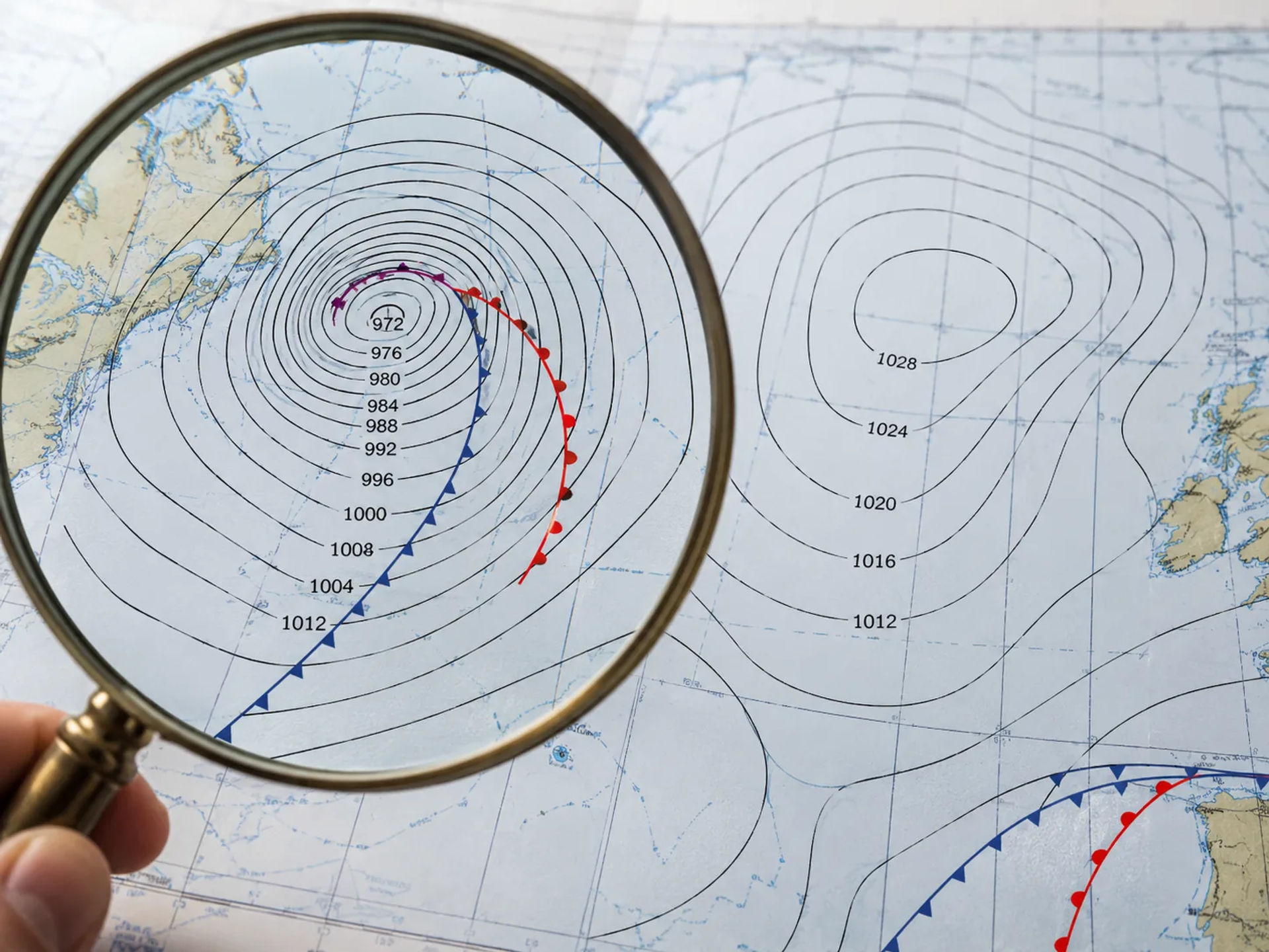 Magnifying glass over a weather chart with tightly packed isobars