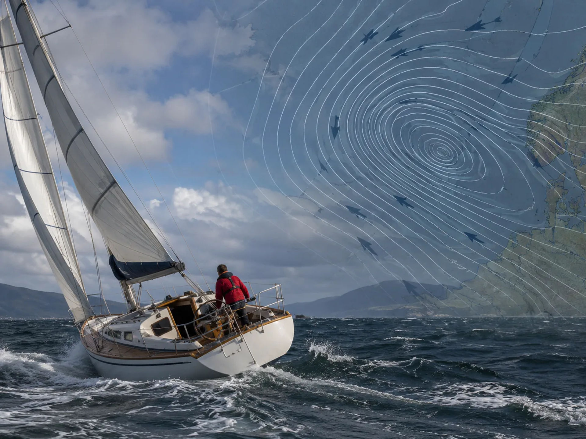 Sailboat heeling in rough seas with a weather chart overlay of isobars