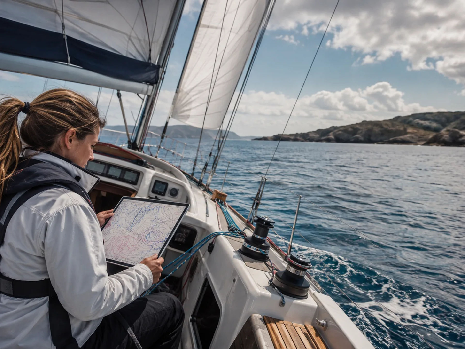 Sailor in the cockpit checking a weather chart on a tablet