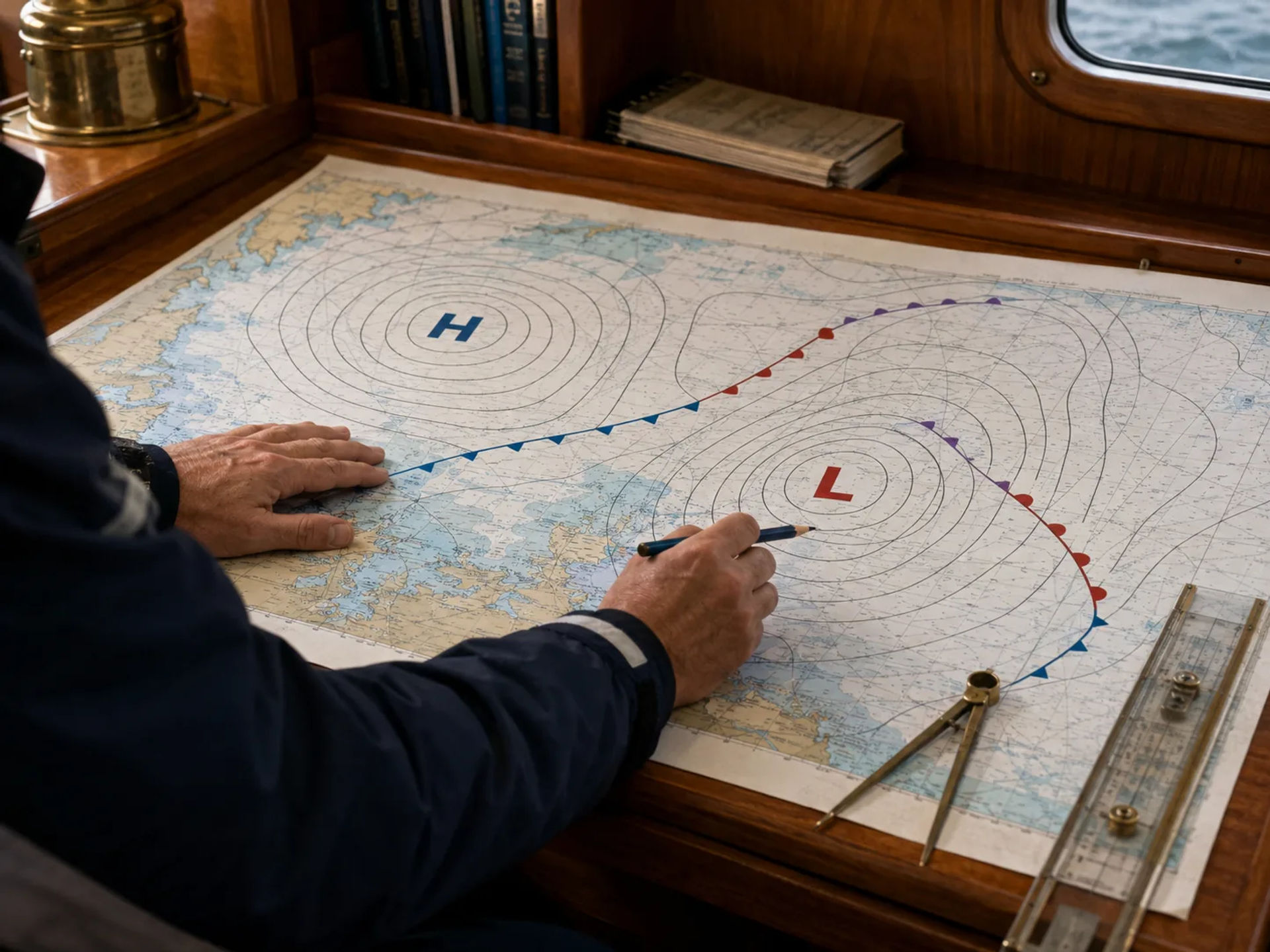 Weather chart showing high and low pressure systems with H and L symbols