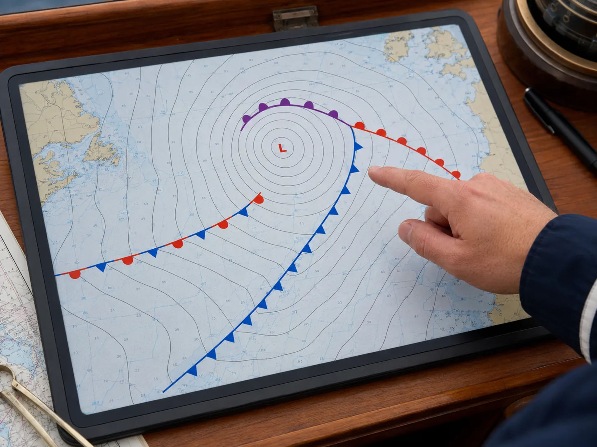 Weather chart showing cold and warm fronts on a tablet navigation display