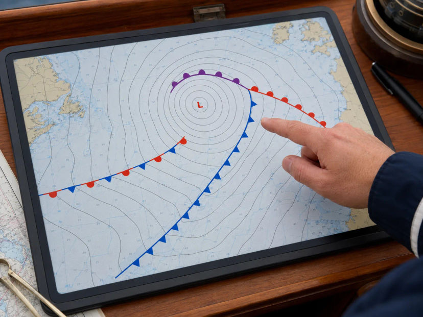 Weather chart showing cold and warm fronts on a tablet navigation display
