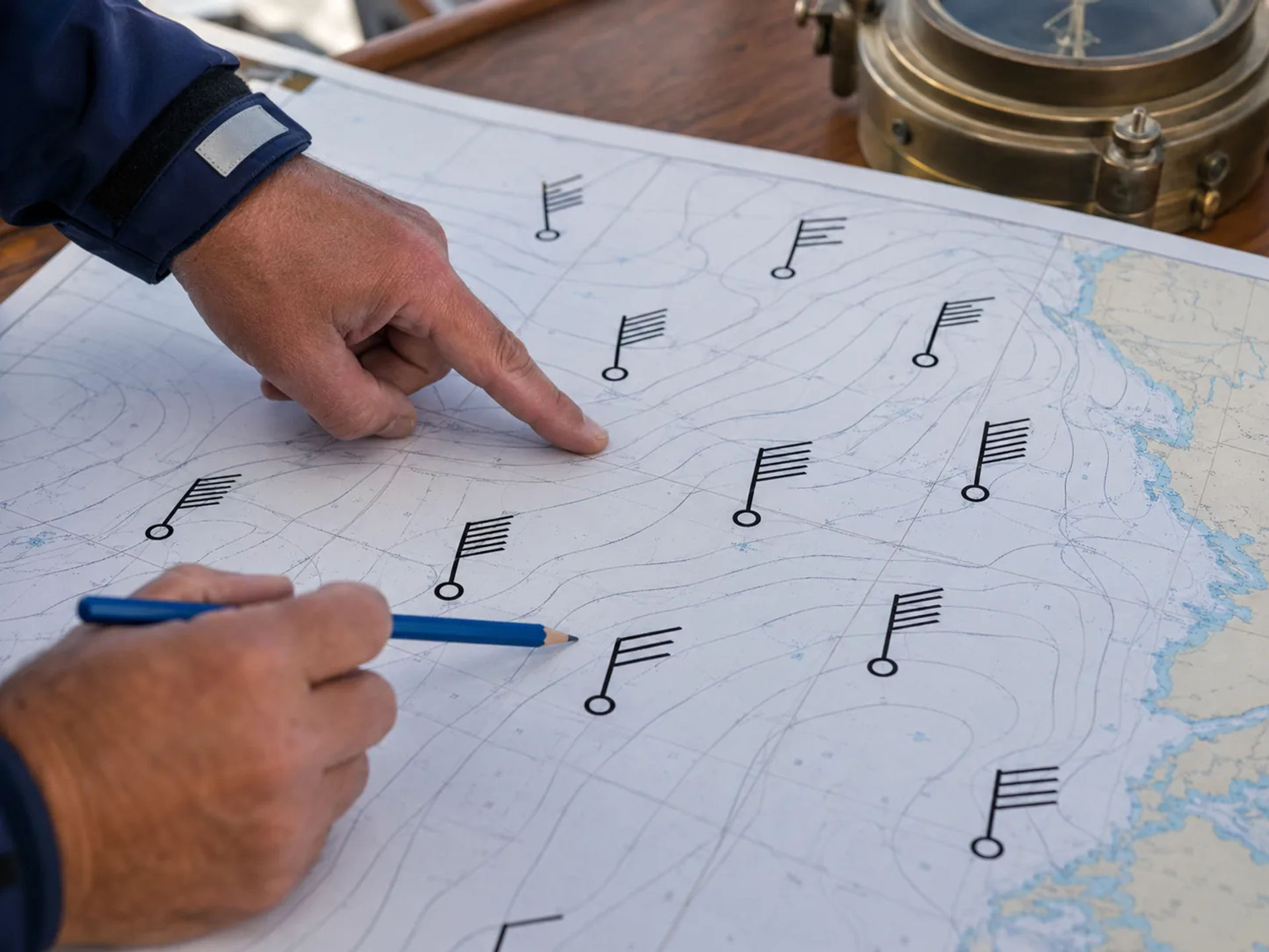 Weather chart displaying wind barbs that indicate wind direction and speed