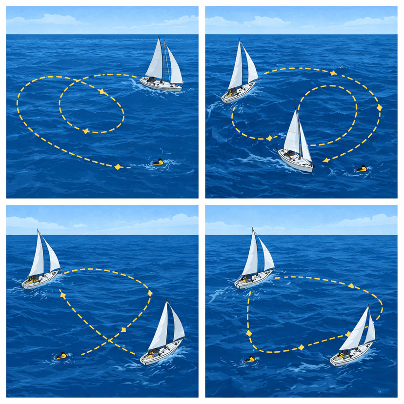 Diagram showing common man overboard recovery maneuvers.