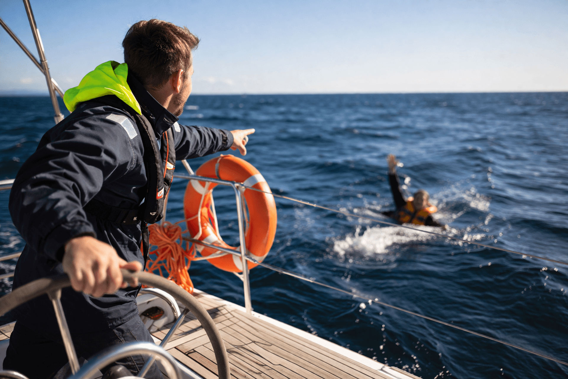 Crew performing immediate man overboard response on a sailboat.