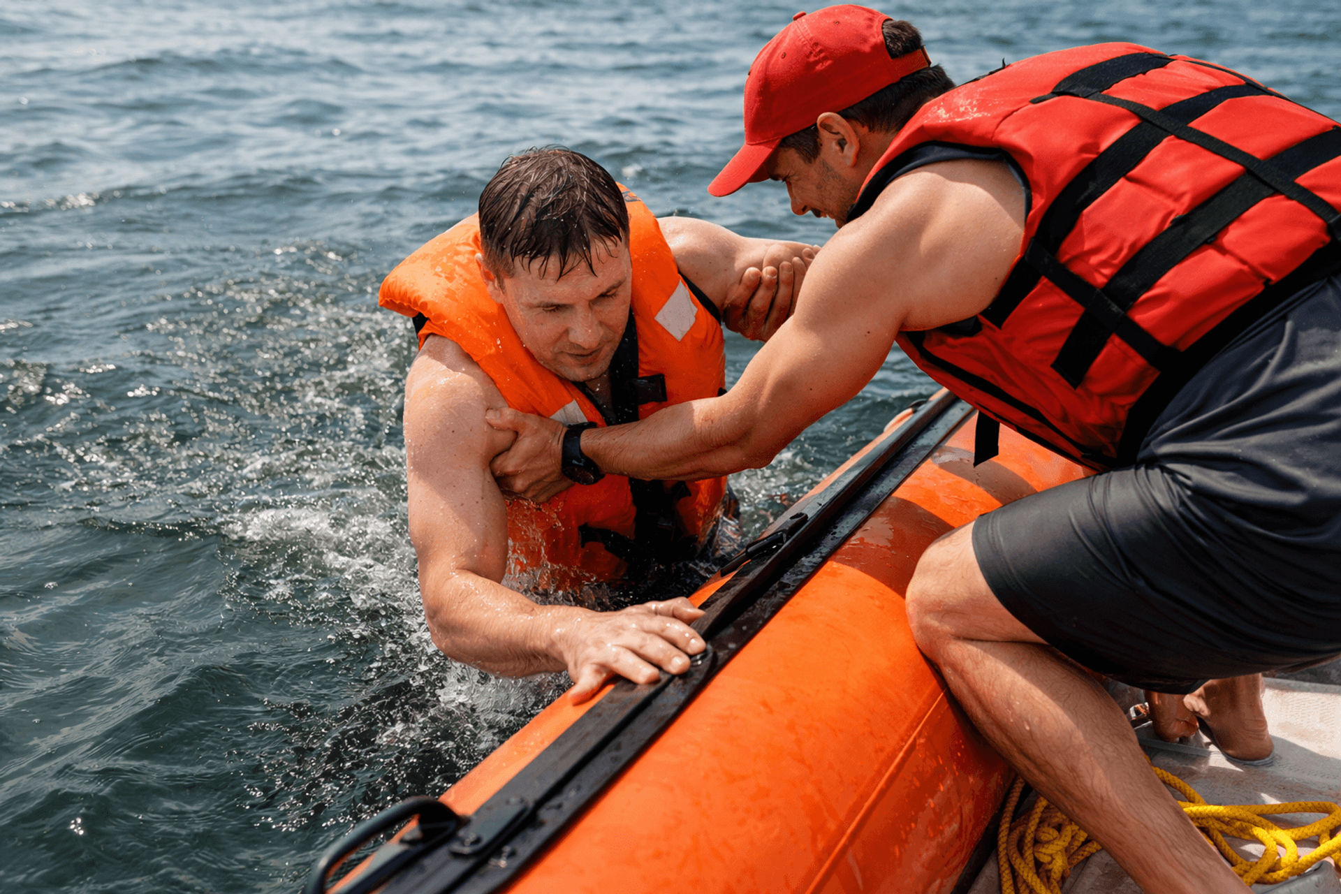 Crew bringing person back aboard after man overboard recovery.