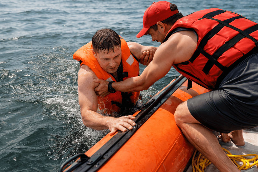 Crew bringing person back aboard after man overboard recovery.