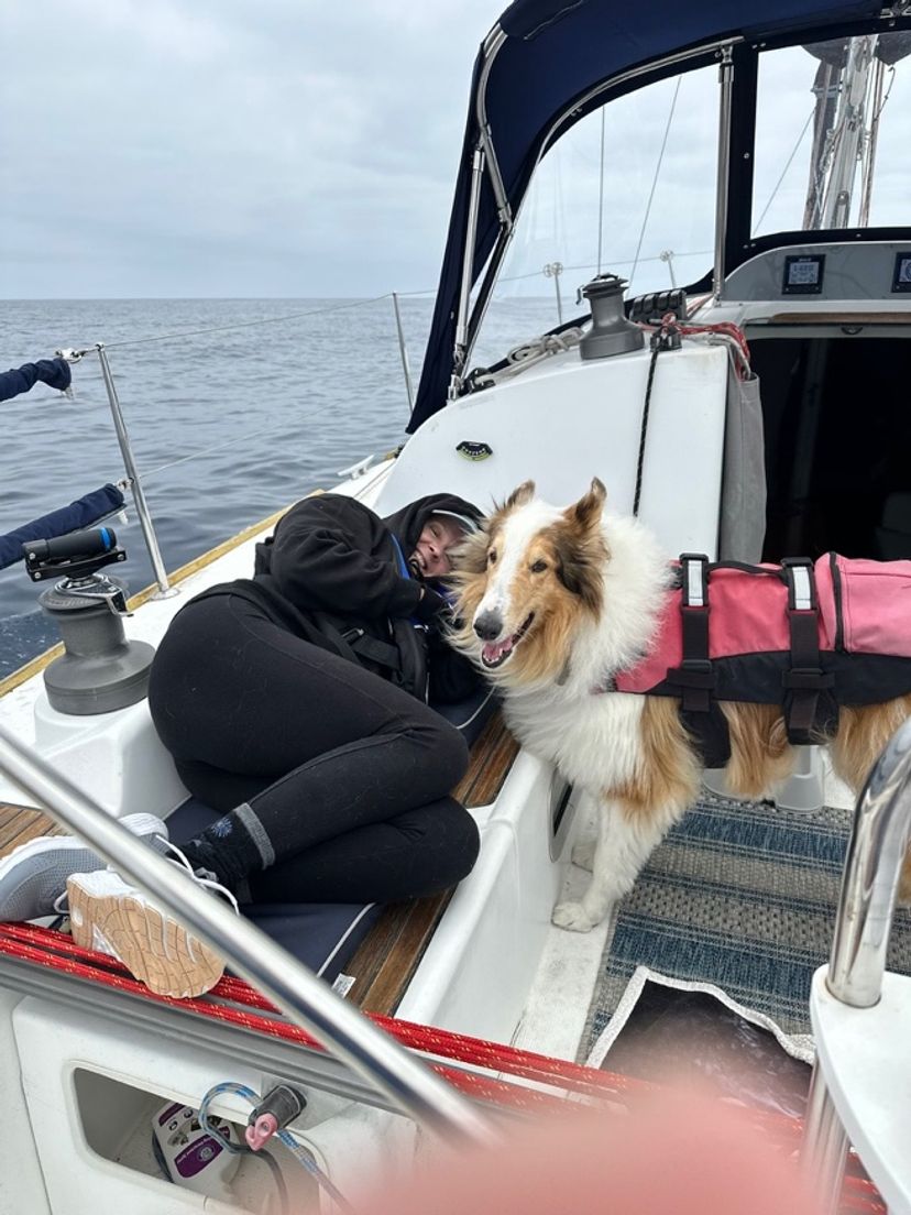 Melanie and Clancy cuddled together in the cockpit underway