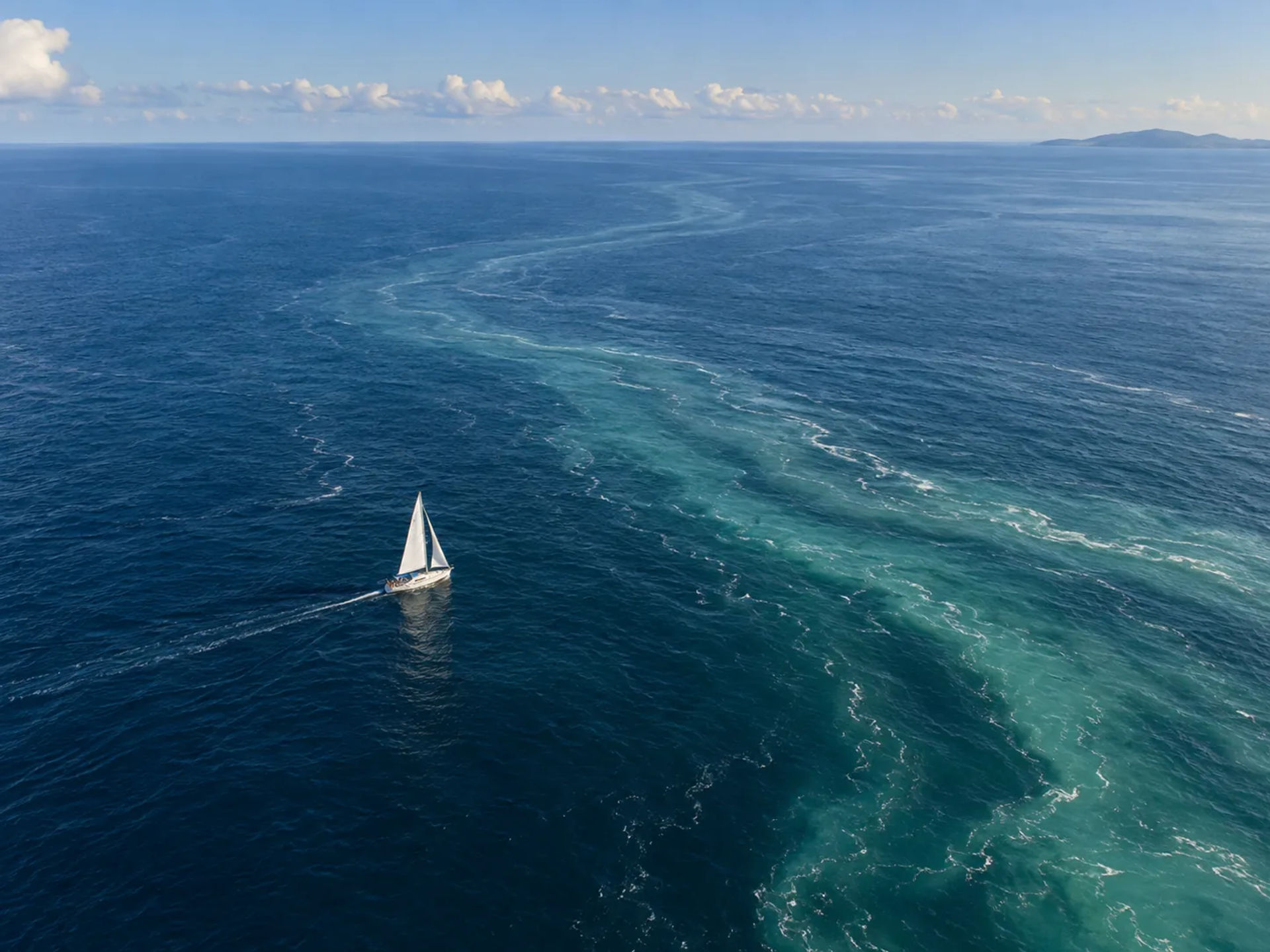 Aerial view of a sailboat crossing an ocean current front