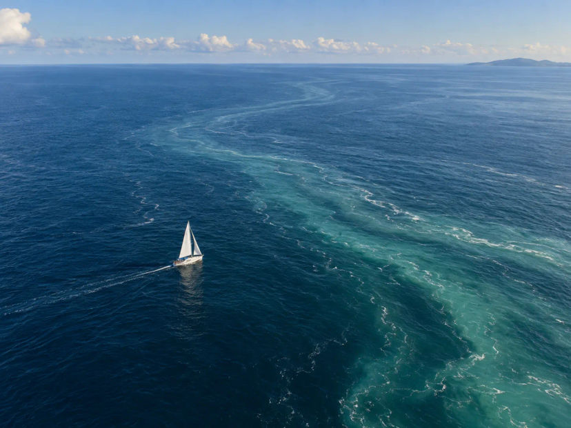 Sailboat crossing an ocean current front