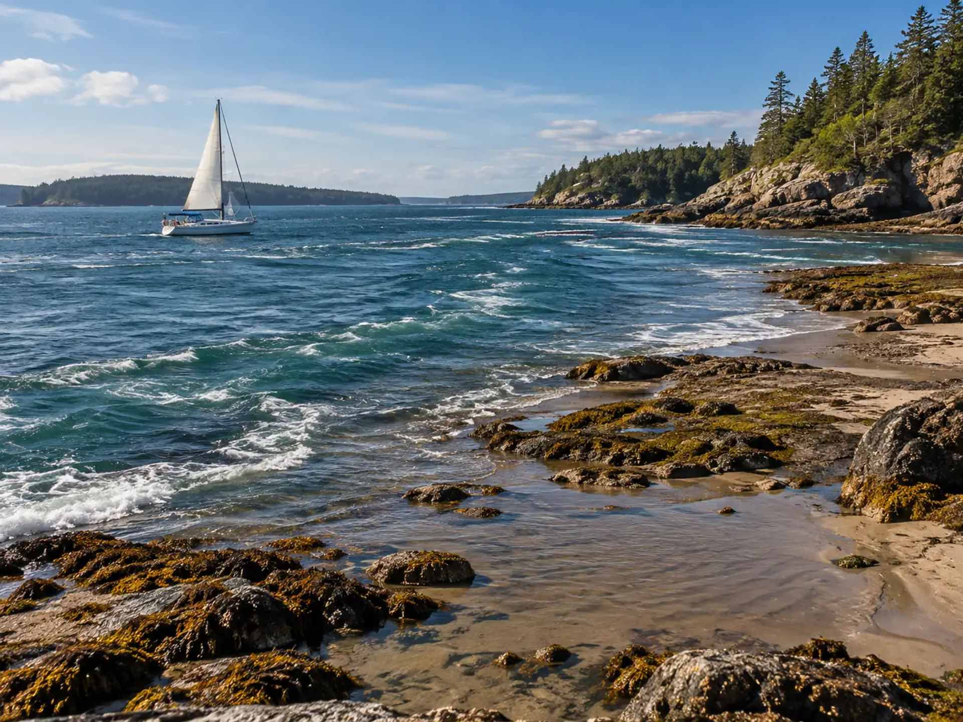 Sailboat sailing past a rocky seaweed-covered shoreline with forested headland