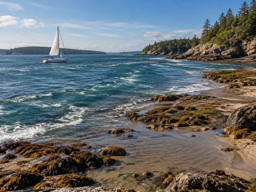 Sailboat sailing past a rocky coastline