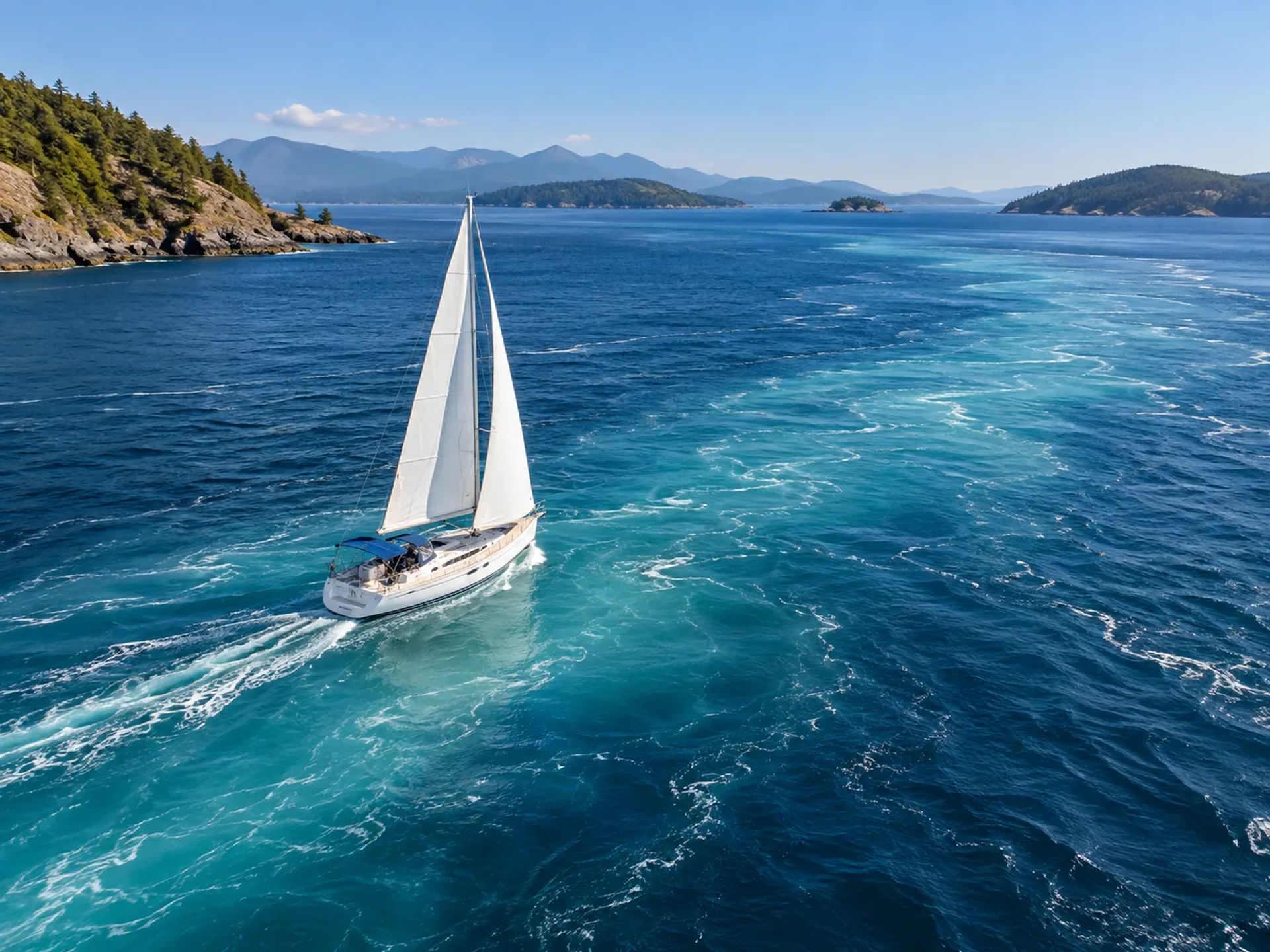 Sailboat heeling through swirling turquoise and deep blue current water