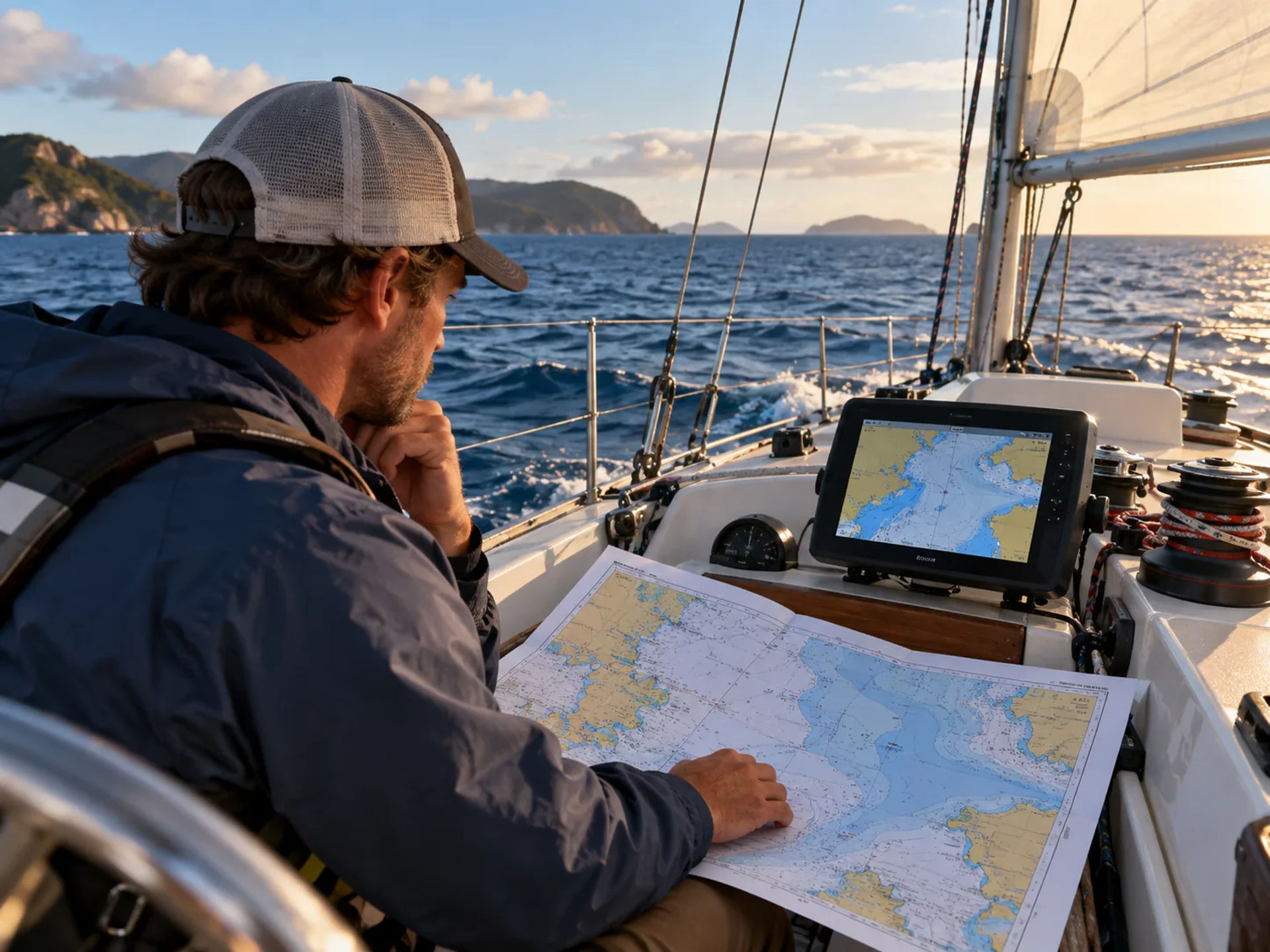 Sailor comparing a paper nautical chart with a digital chartplotter in the cockpit