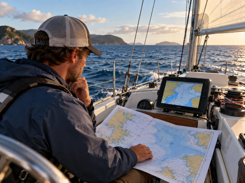 Sailor comparing a paper chart with a chartplotter