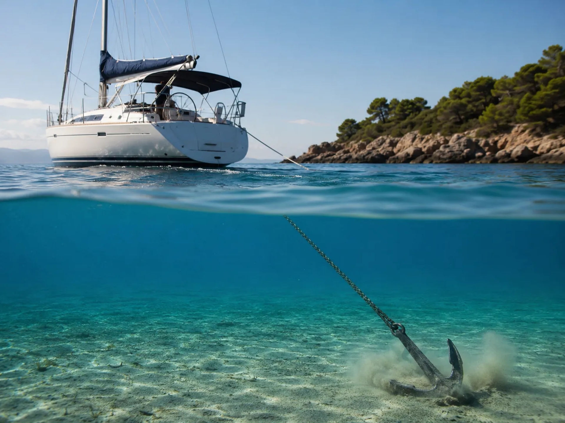 Split view of a sailboat with its anchor digging into the sand below
