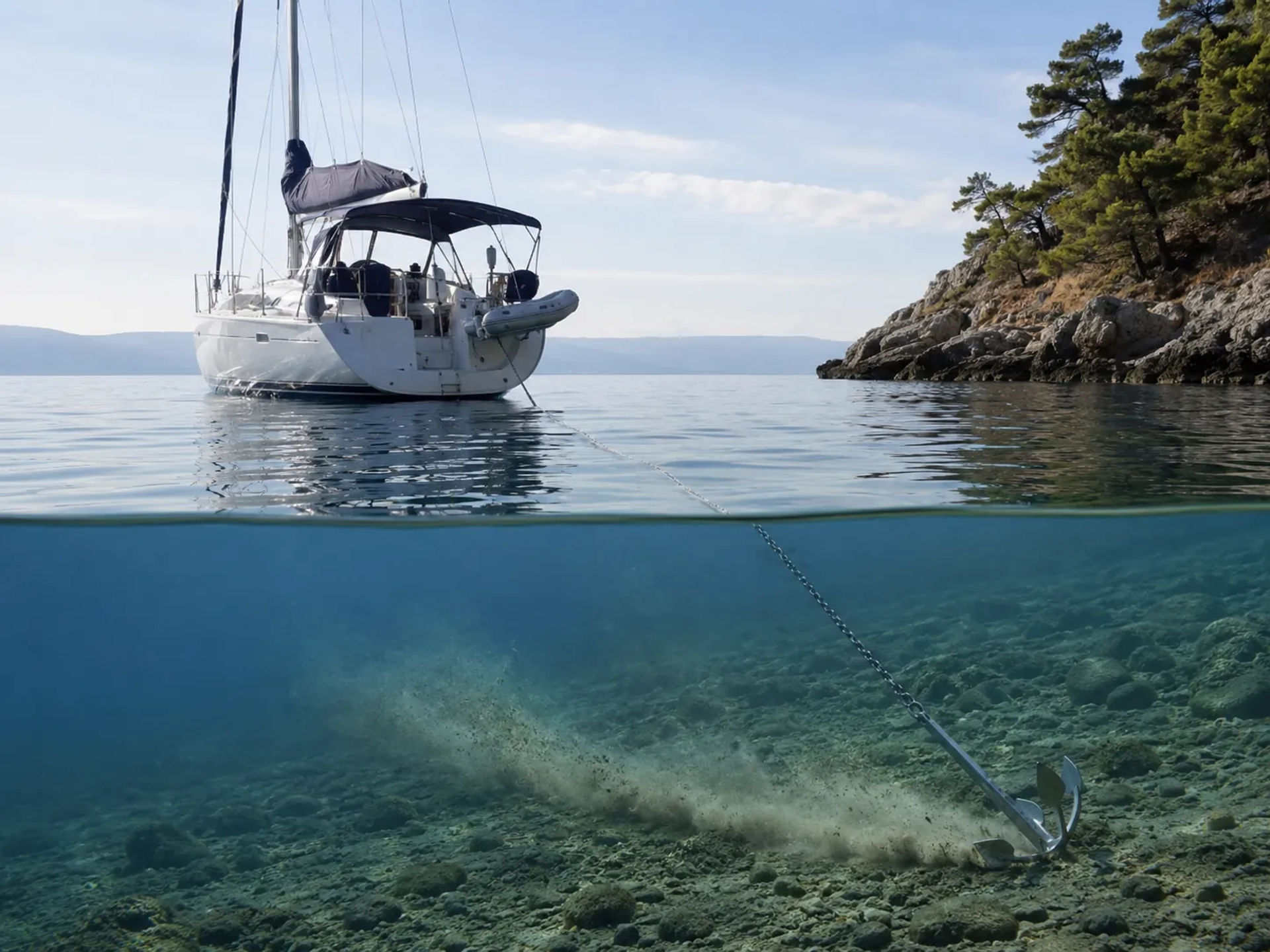 Anchor resting on the seabed beneath a sailboat in clear water