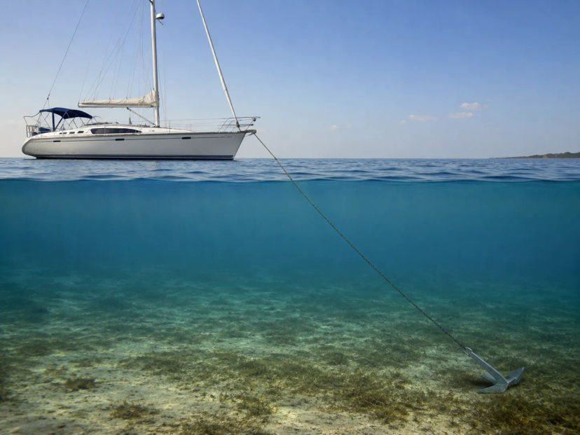 Anchor rode running down through clear water to the anchor on the seabed